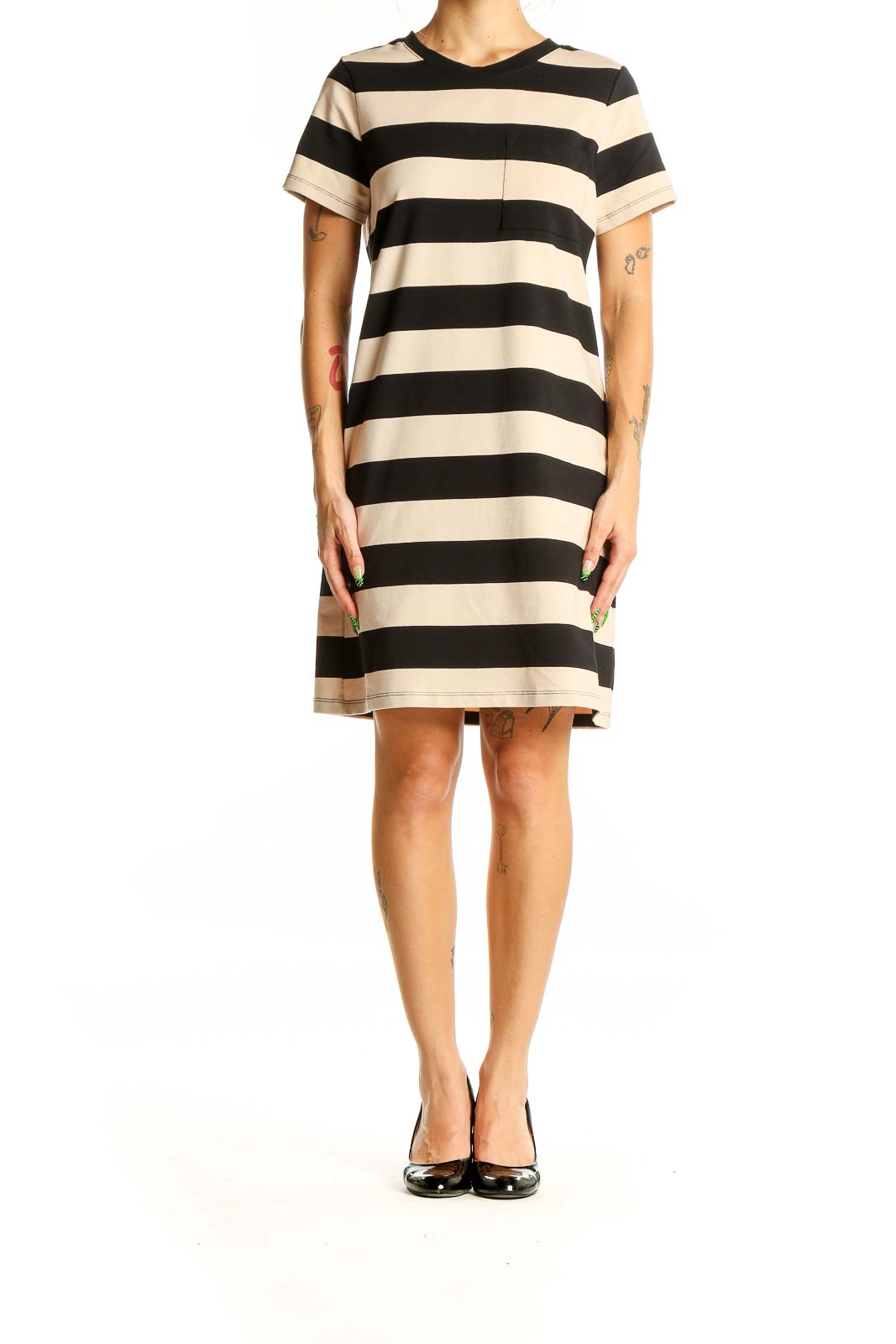 Front view of Banana Republic Black and Beige Striped T-Shirt Dress