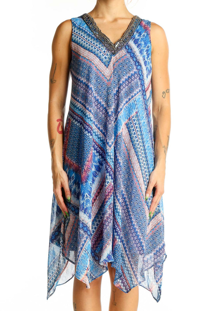 Front view of SANDRA DARREN blue multicolor patterned sleeveless dress with beaded V-neck