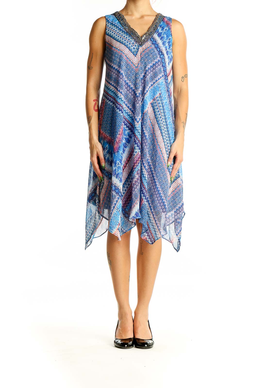 Front view of SANDRA DARREN blue multicolor patterned sleeveless dress with beaded V-neck