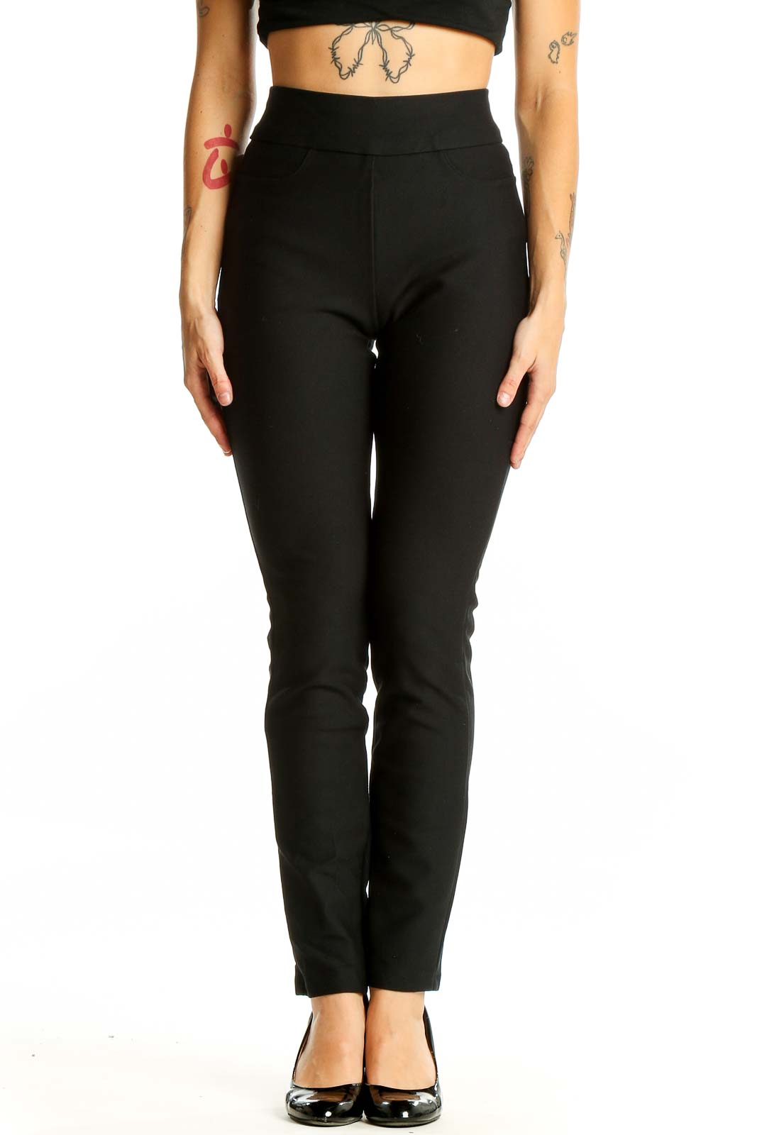 Front view of HONEYLOVE black high-waisted slim fit pants on model