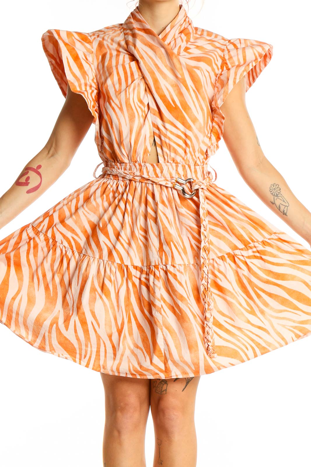 Front view of Derek Lam orange zebra print cotton mini dress with flutter sleeves