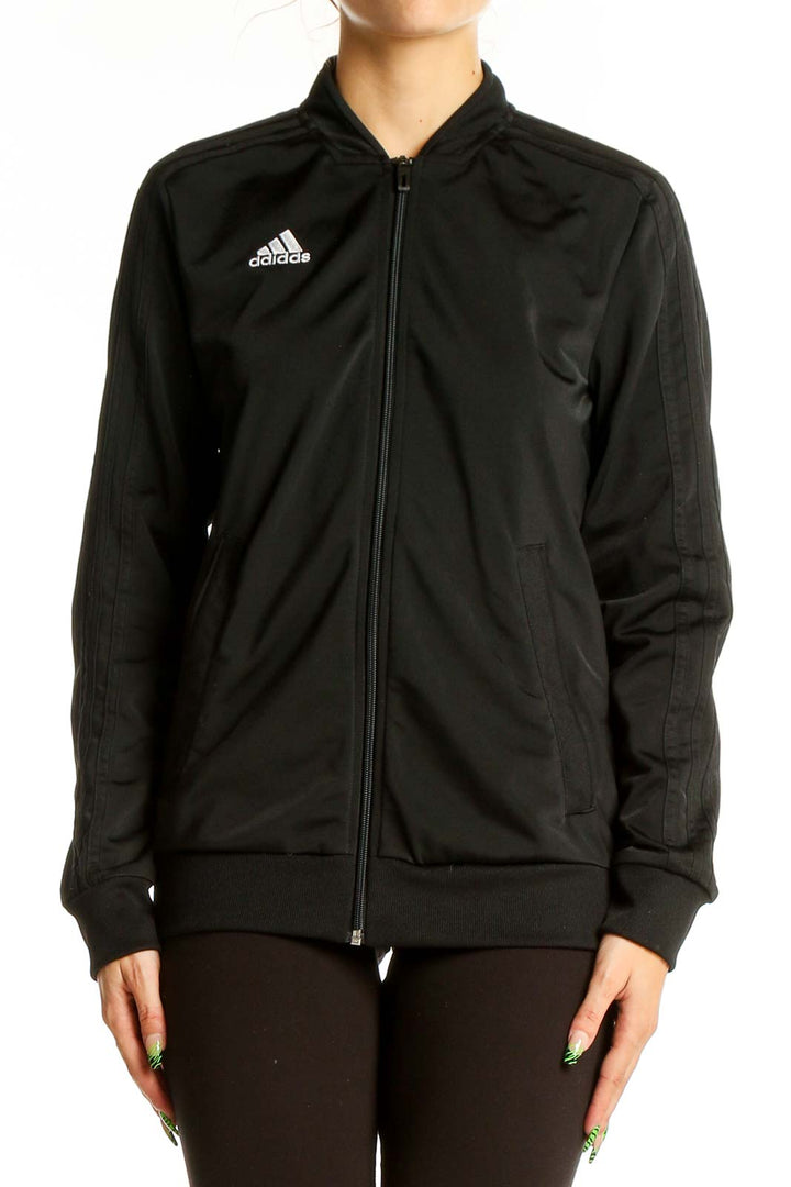 Front view of black Adidas polyester athletic jacket with full-zip closure