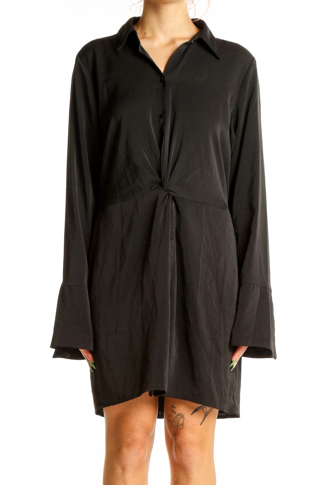 Front view of black Abercrombie & Fitch twist-front shirt dress