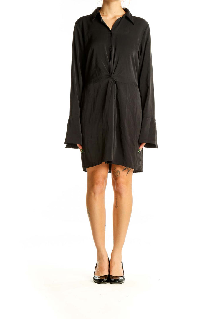 Front view of black Abercrombie & Fitch twist-front shirt dress