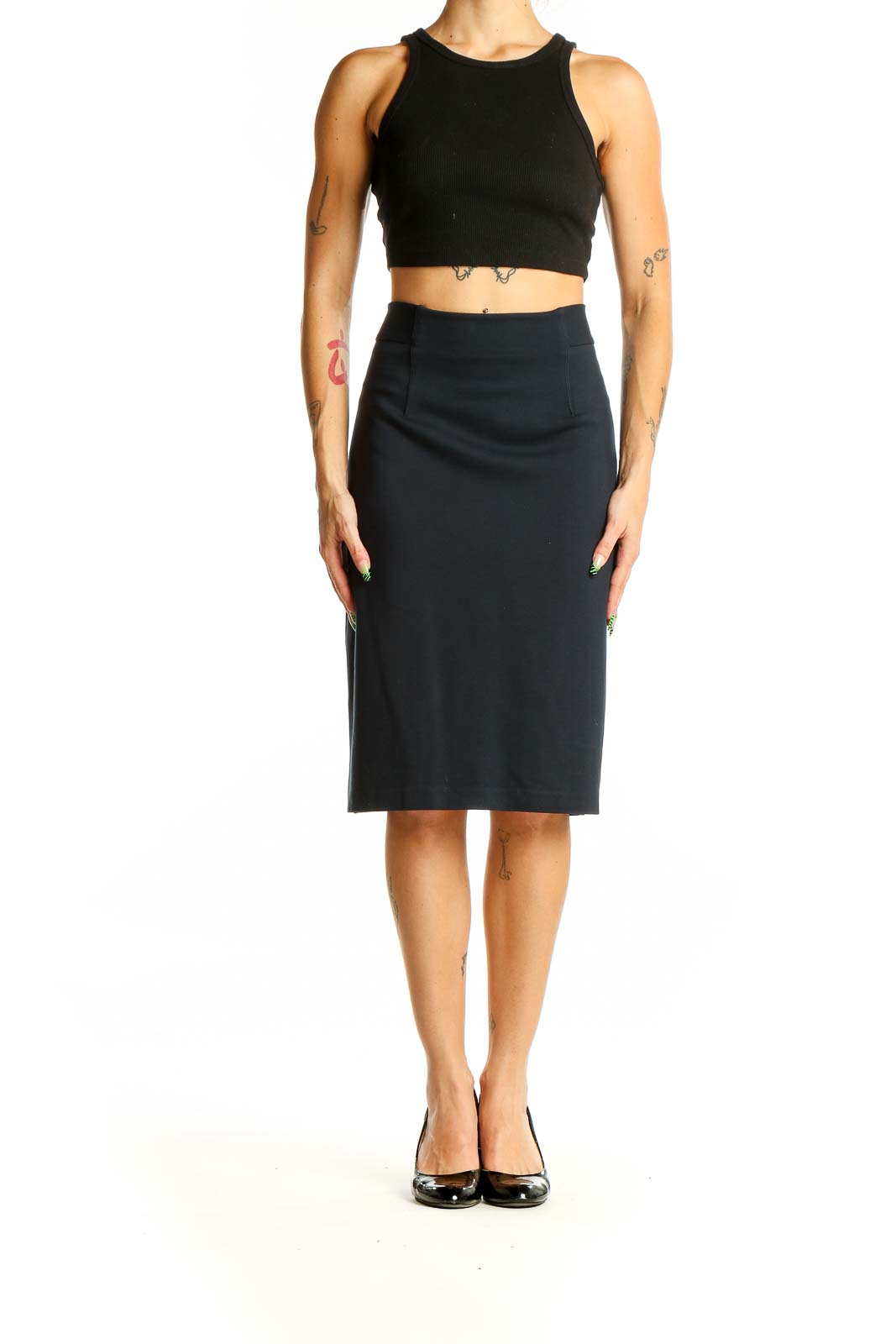 Front view of Brooks Brothers black high-waisted pencil skirt