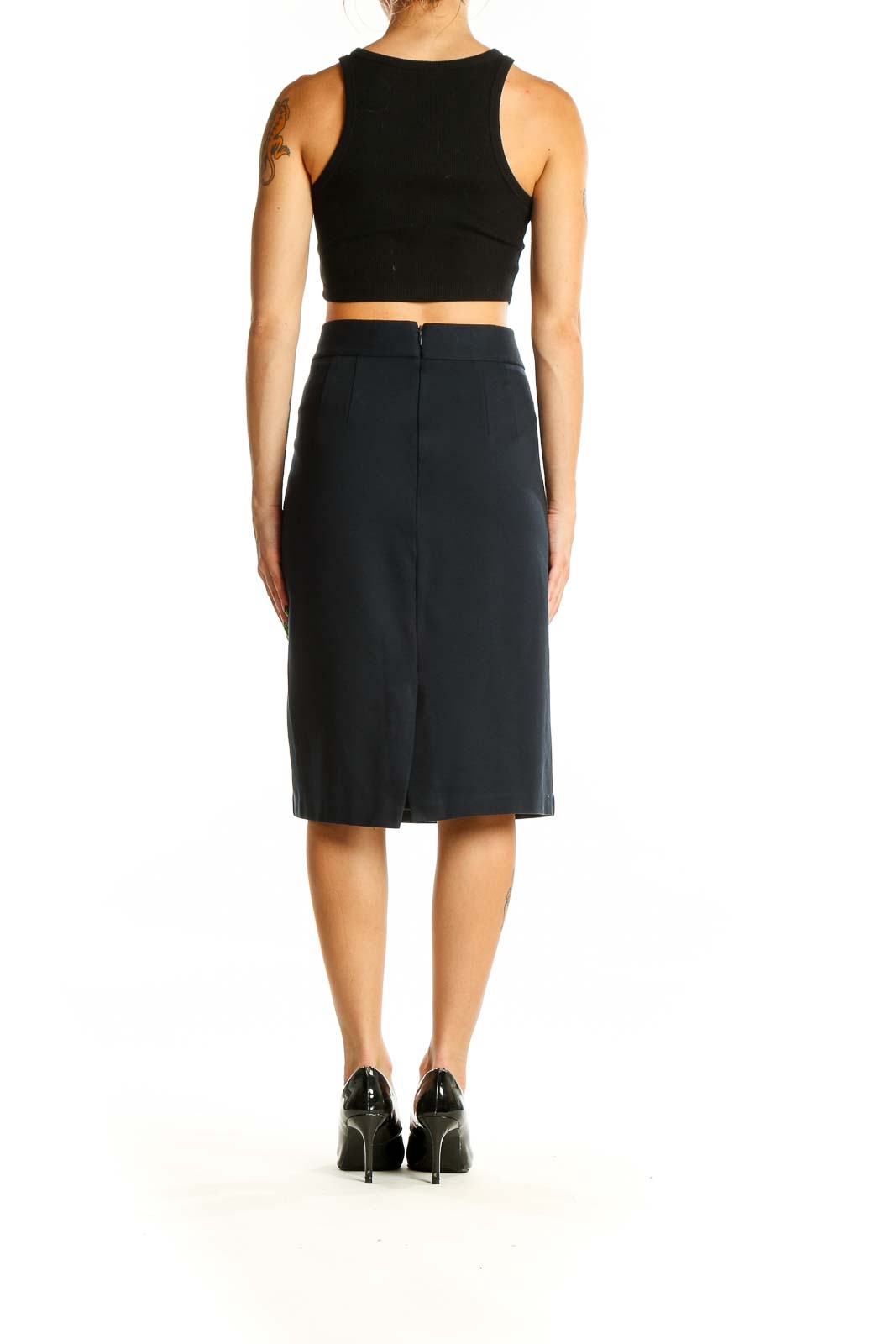 Back view of Brooks Brothers black pencil skirt with center slit