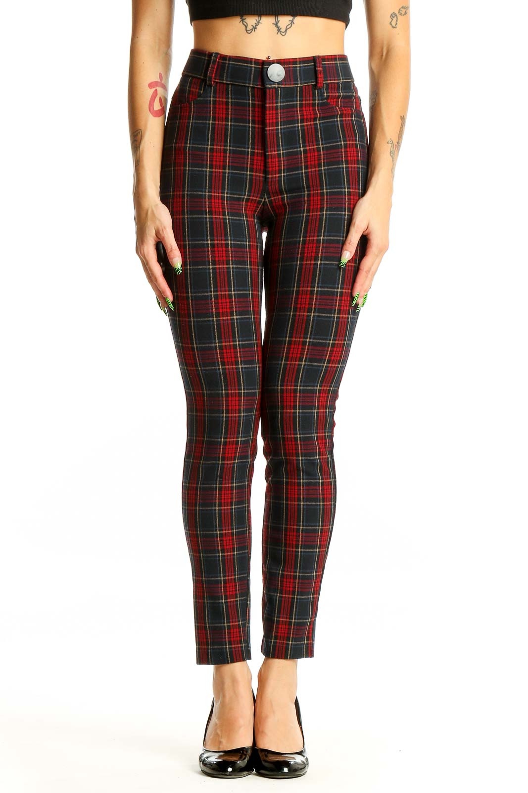 Front view of Zara red plaid high-waisted skinny pants