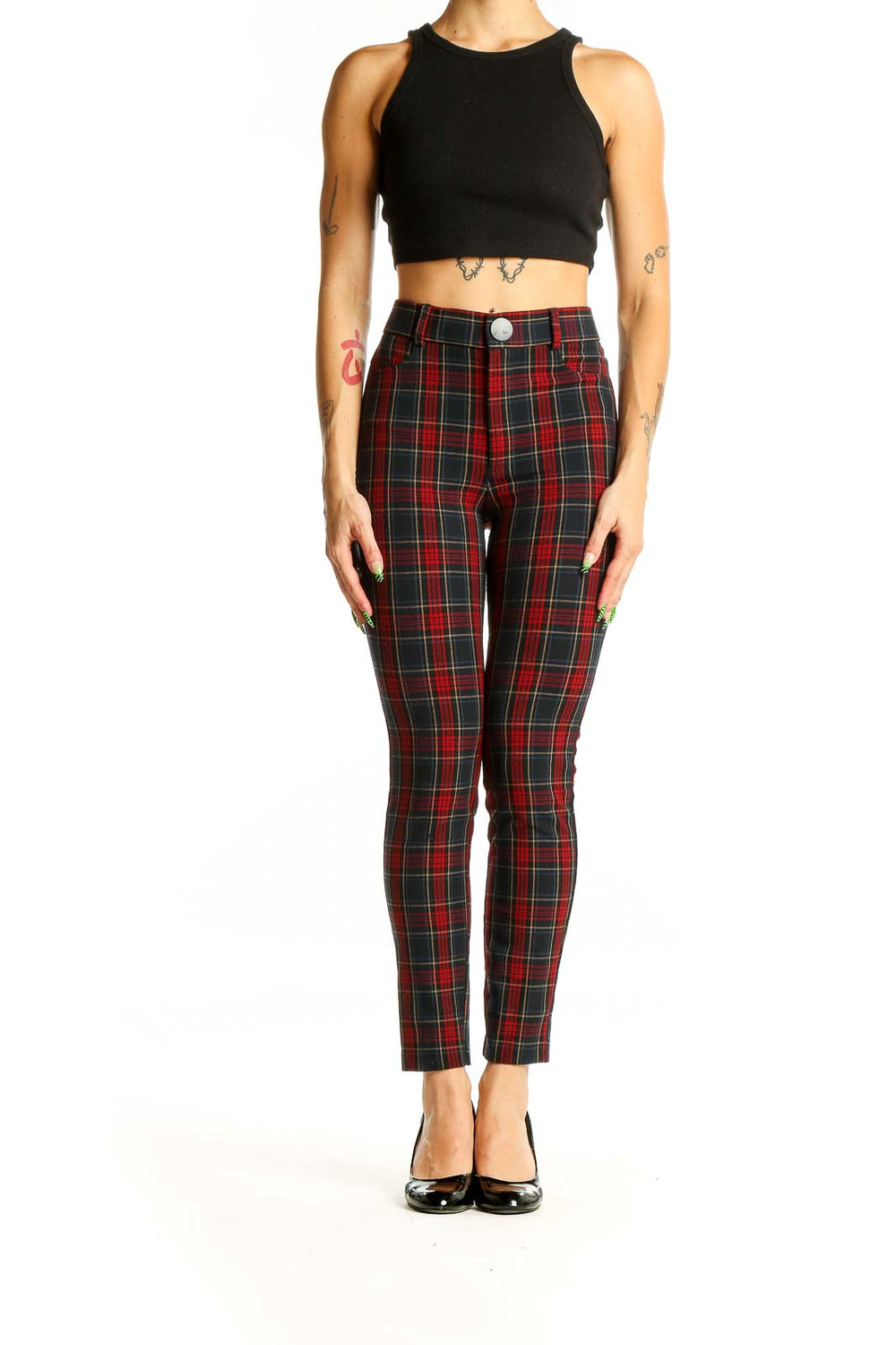 Front view of Zara red plaid high-waisted skinny pants