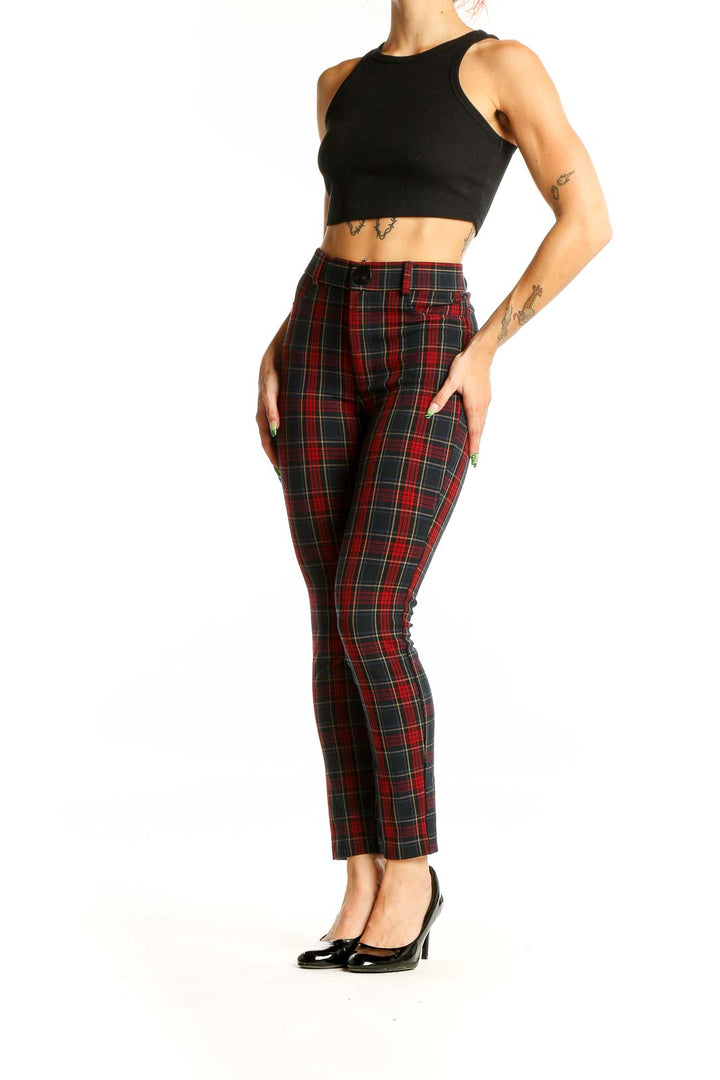 Front view of Zara red plaid high-waisted skinny pants