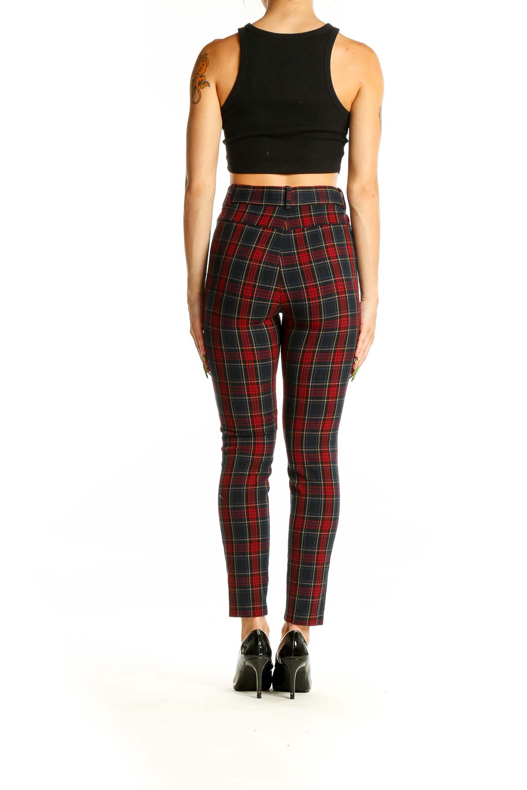 Back view of Zara red plaid high-waisted skinny pants on model