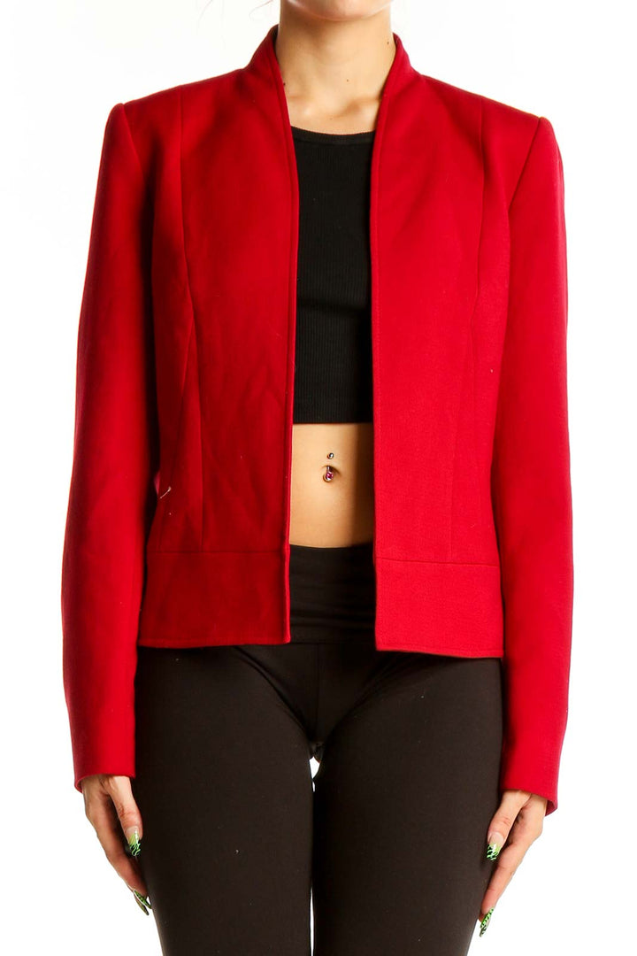 Front view of red Tahari structured open-front blazer