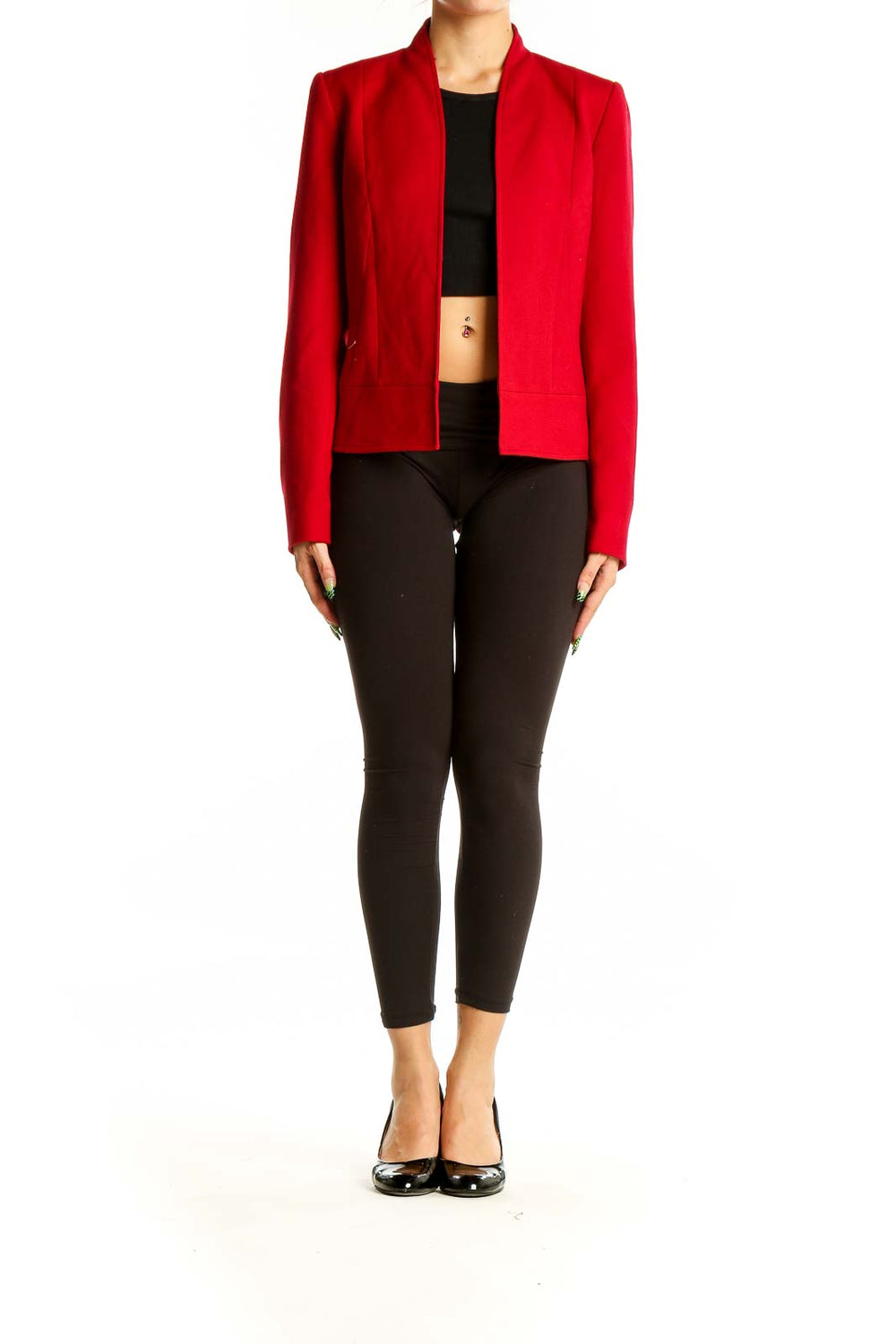 Front view of red Tahari structured open-front blazer