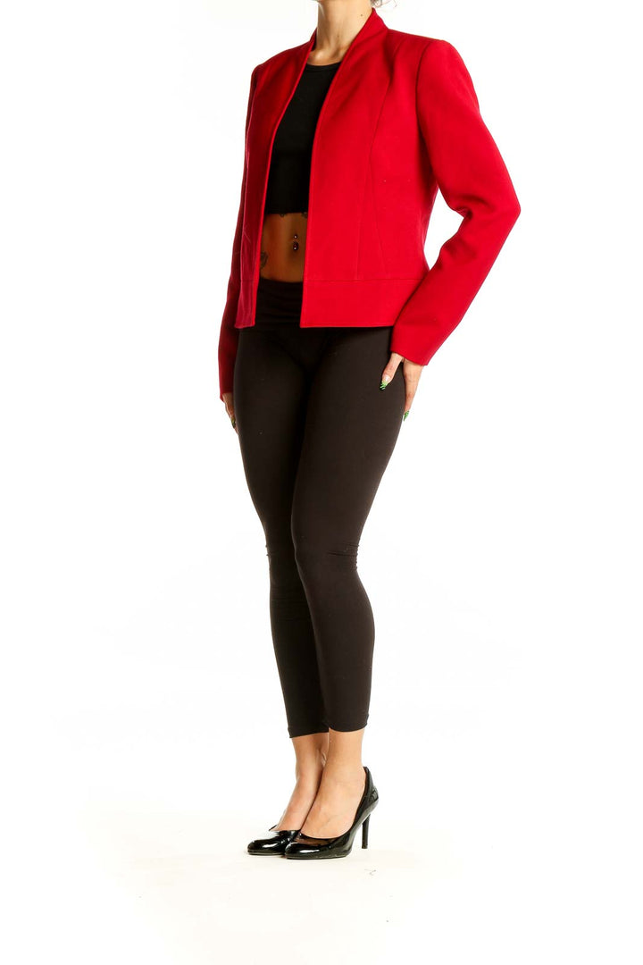 Front view of red Tahari structured open-front blazer