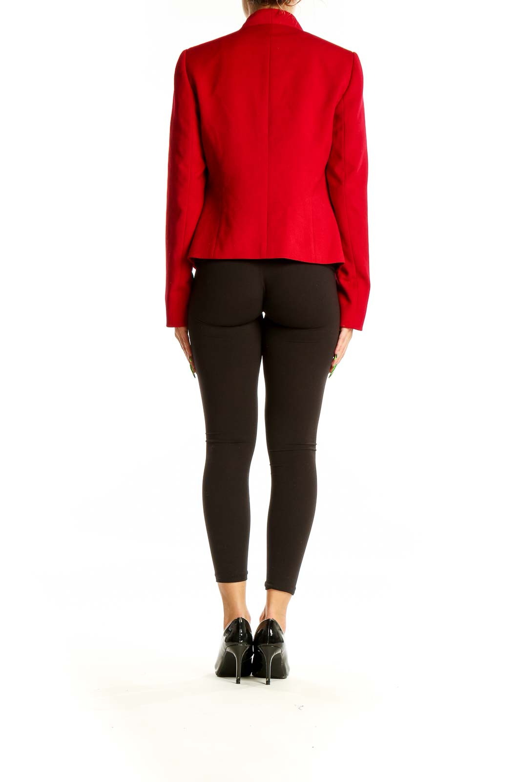 Back view of red Tahari structured open-front blazer