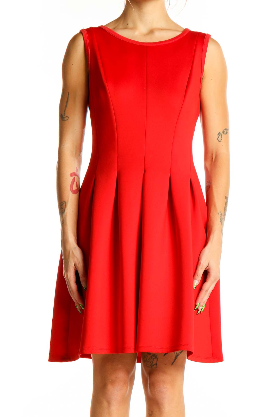 Front view of red sleeveless fit and flare dress from Ann Taylor