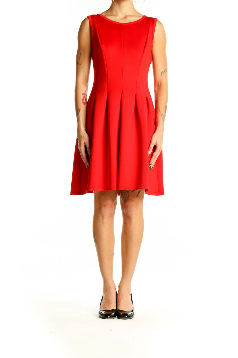 Front view of red sleeveless fit and flare dress from Ann Taylor