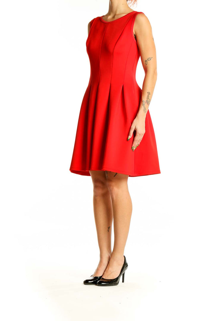 Front view of red sleeveless fit and flare dress from Ann Taylor