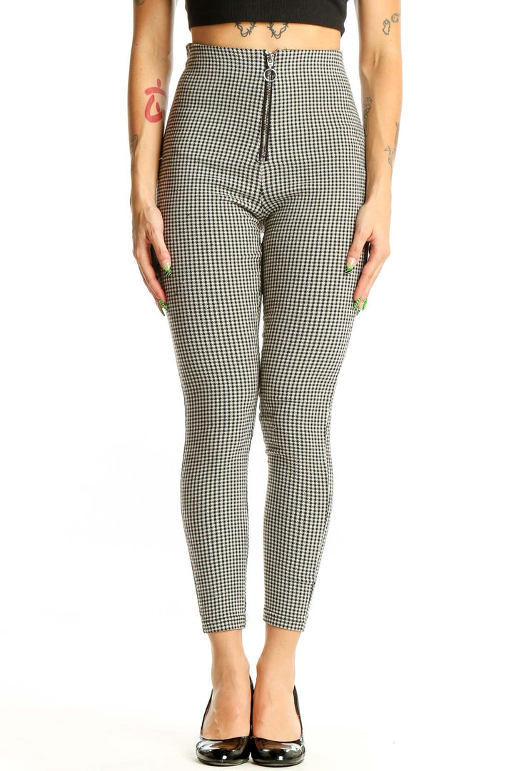 Front view of Zara black and white gingham high-waisted pants