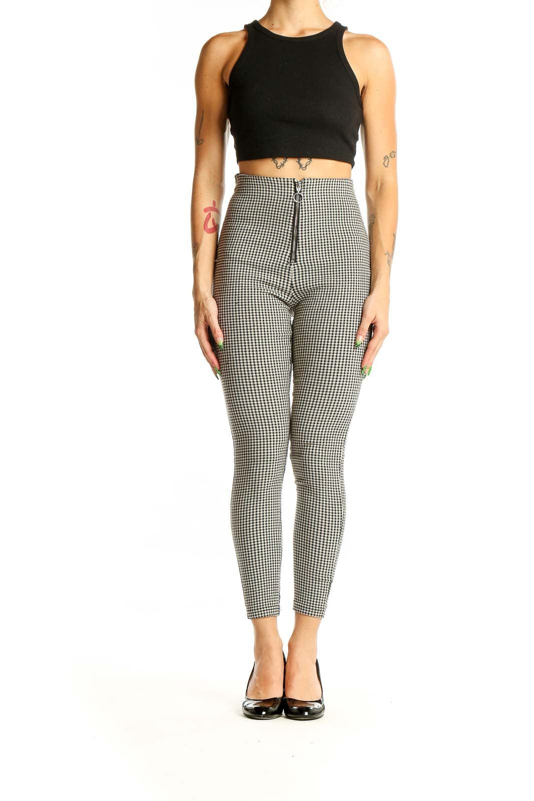 Front view of Zara black and white gingham high-waisted pants