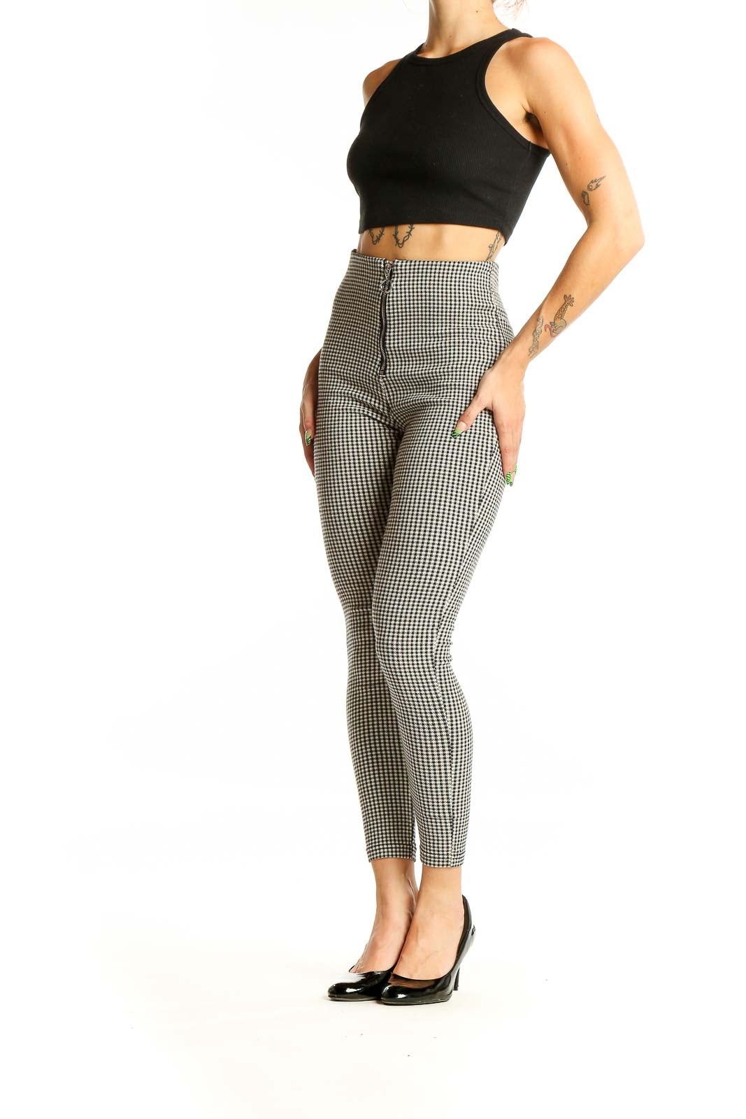 Front view of Zara black and white gingham high-waisted pants