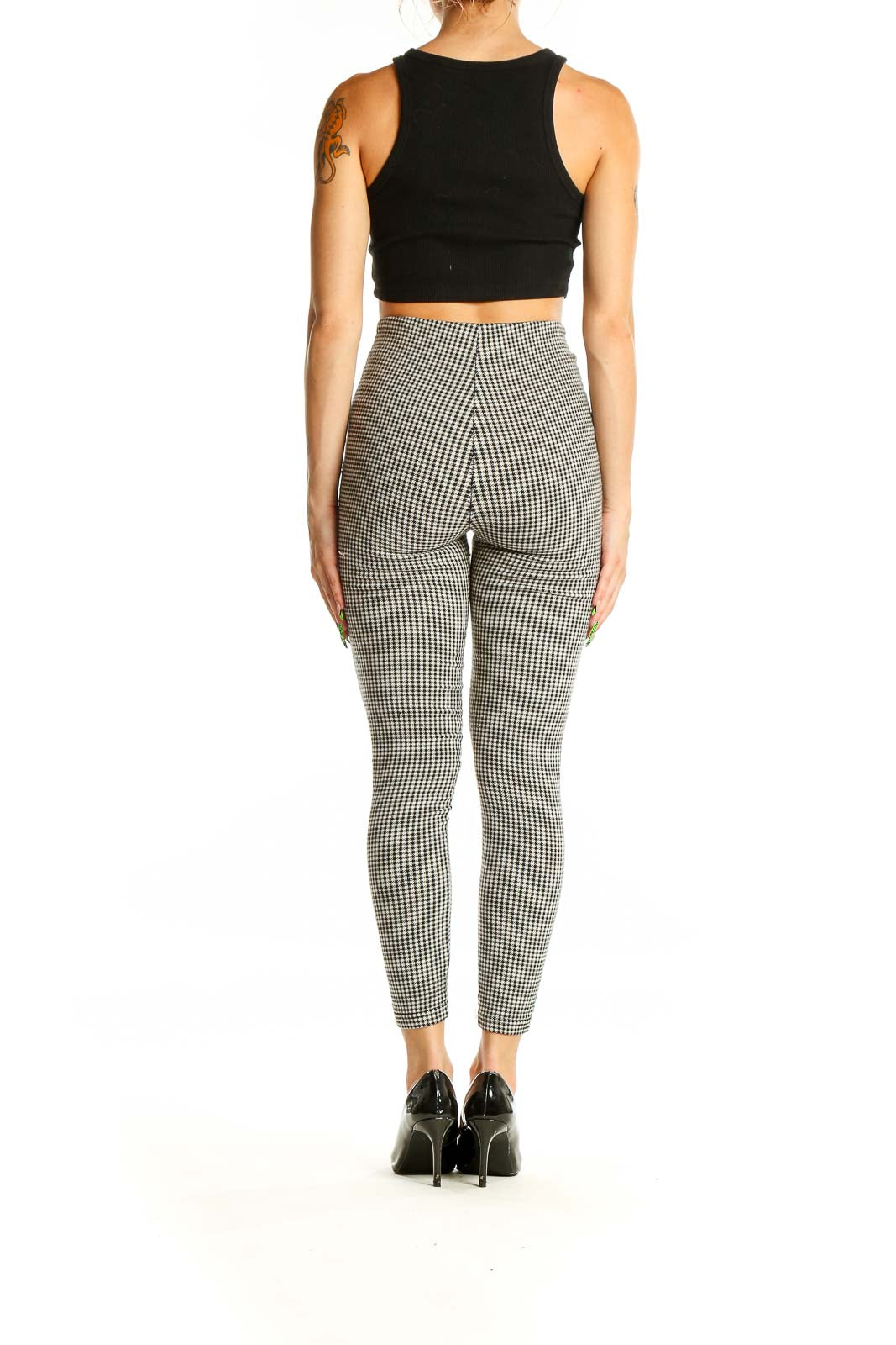 Back view of Zara black and white gingham high-waisted pants