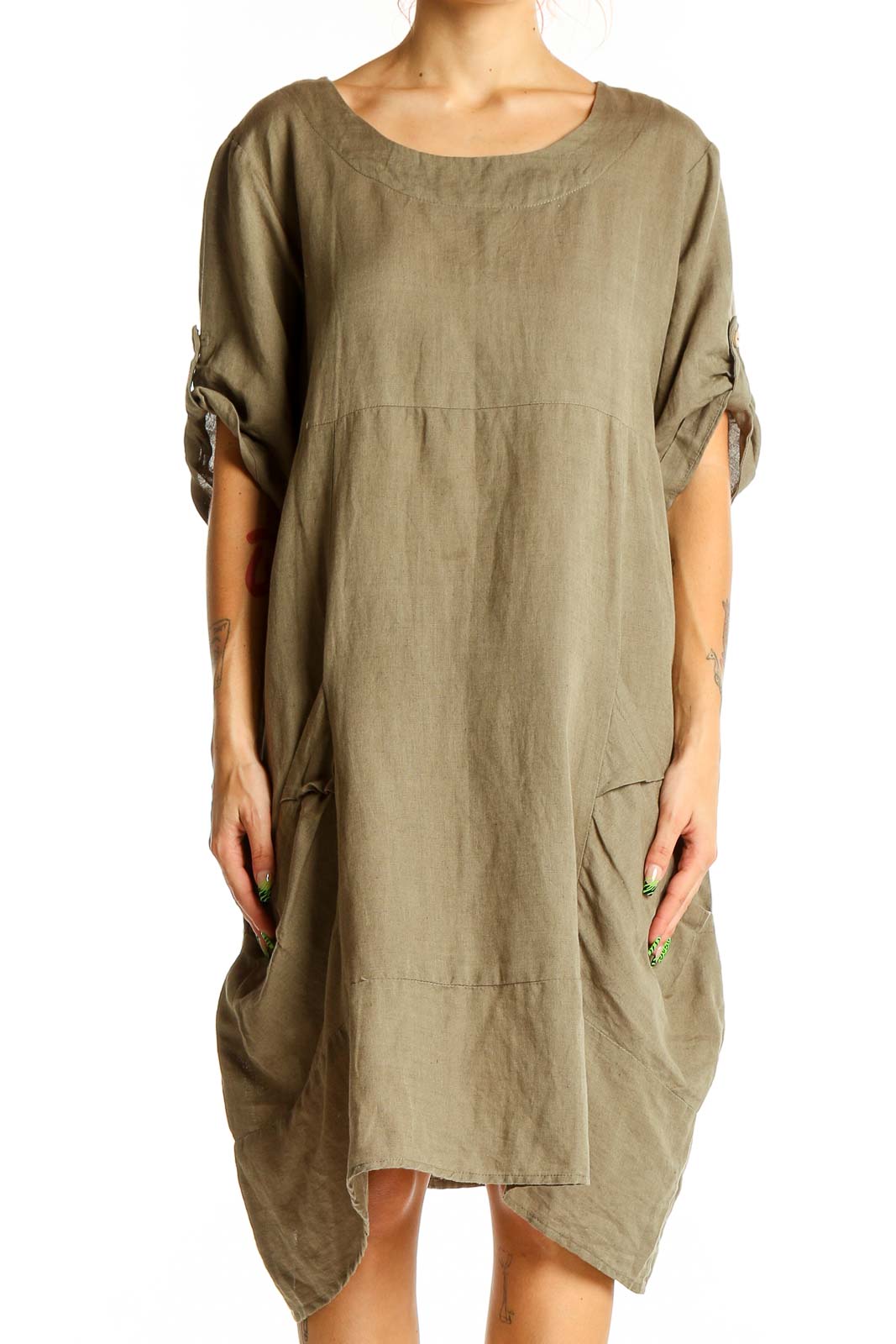 Front view of olive Kaktus linen-cotton dress with relaxed fit and asymmetrical hem