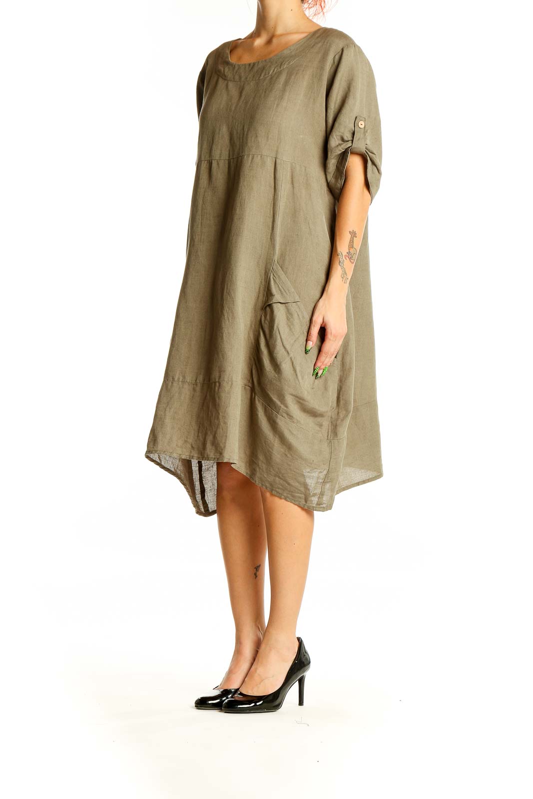 Front view of olive Kaktus linen-cotton dress with relaxed fit and asymmetrical hem