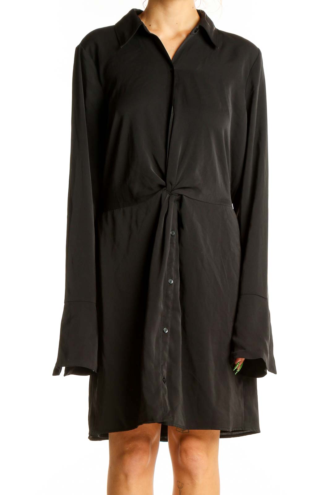 Front view of black Abercrombie & Fitch twist-front shirt dress