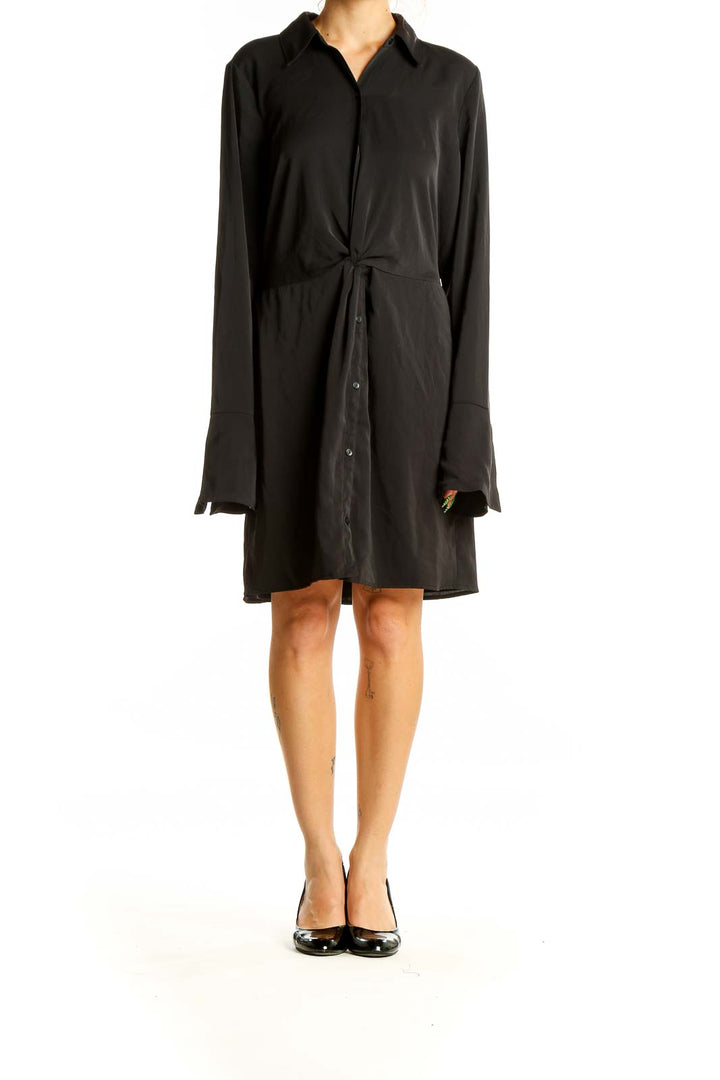 Front view of black Abercrombie & Fitch twist-front shirt dress