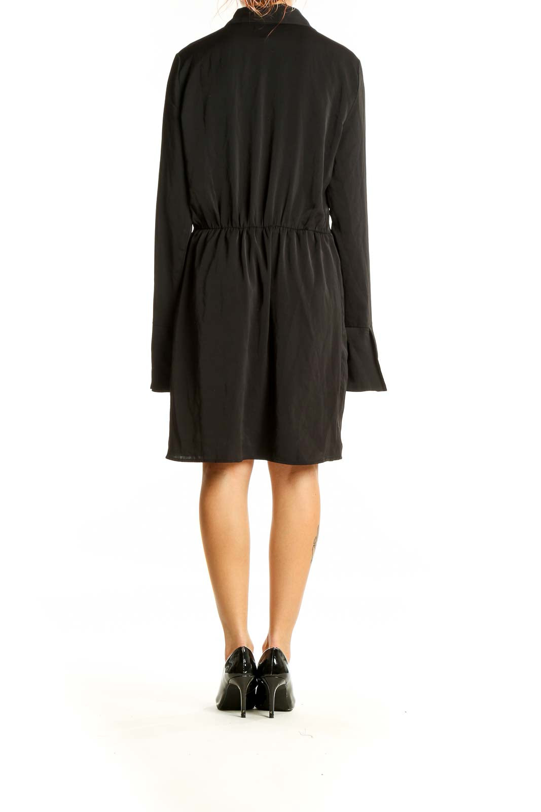 Back view of black Abercrombie & Fitch shirt dress showing gathered waist