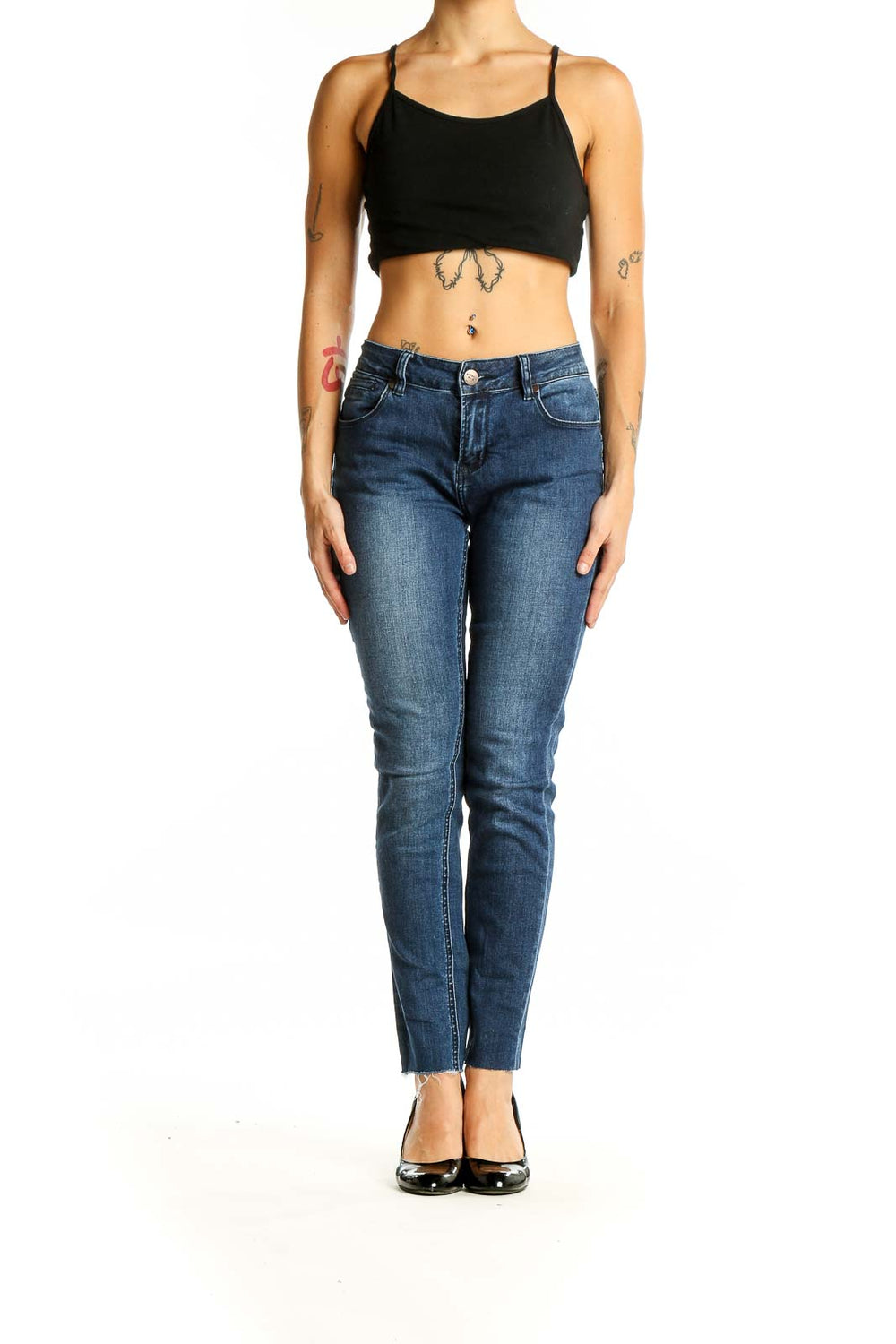 Front view of Barbell Apparel blue slim fit jeans on model