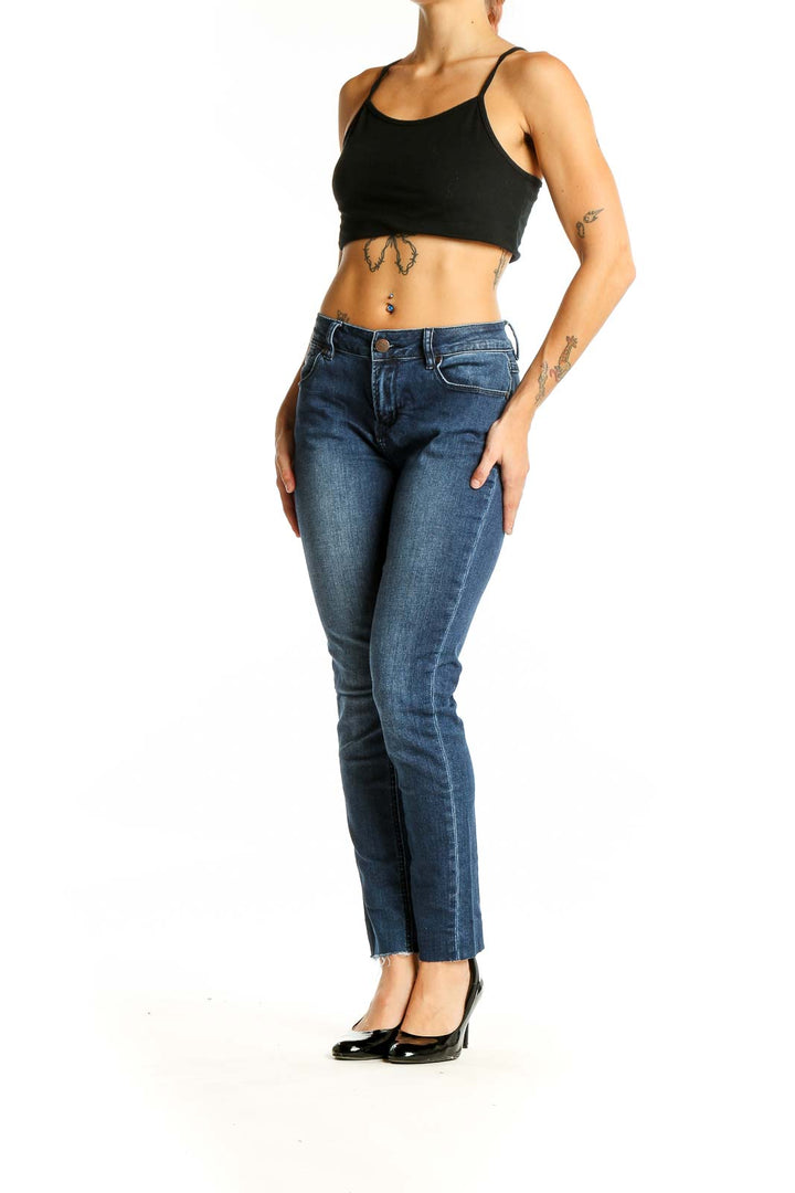 Front view of Barbell Apparel blue slim fit jeans on model