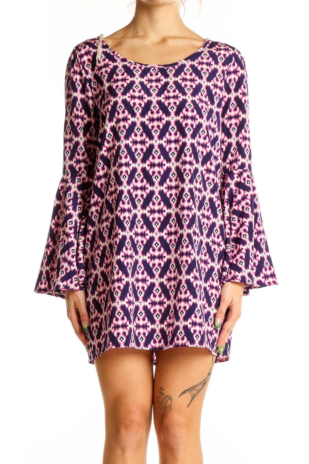 Front view of Purple Geometric Print Bell Sleeve Mini Dress by Peach Love California