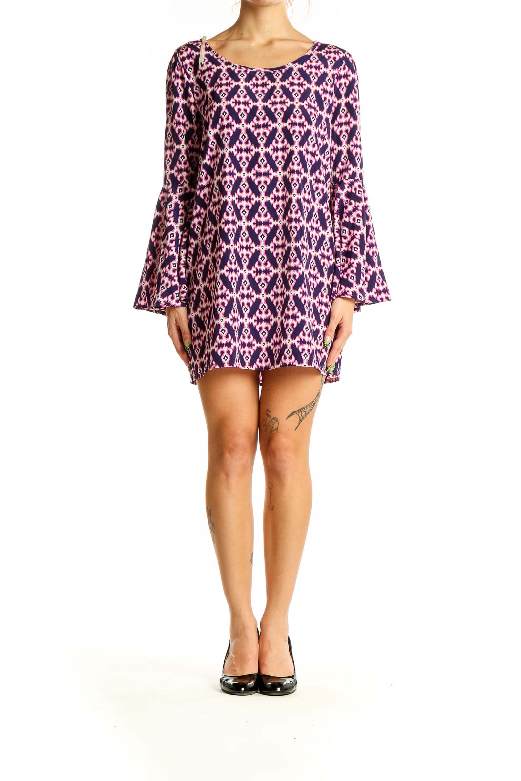 Front view of Purple Geometric Print Bell Sleeve Mini Dress by Peach Love California