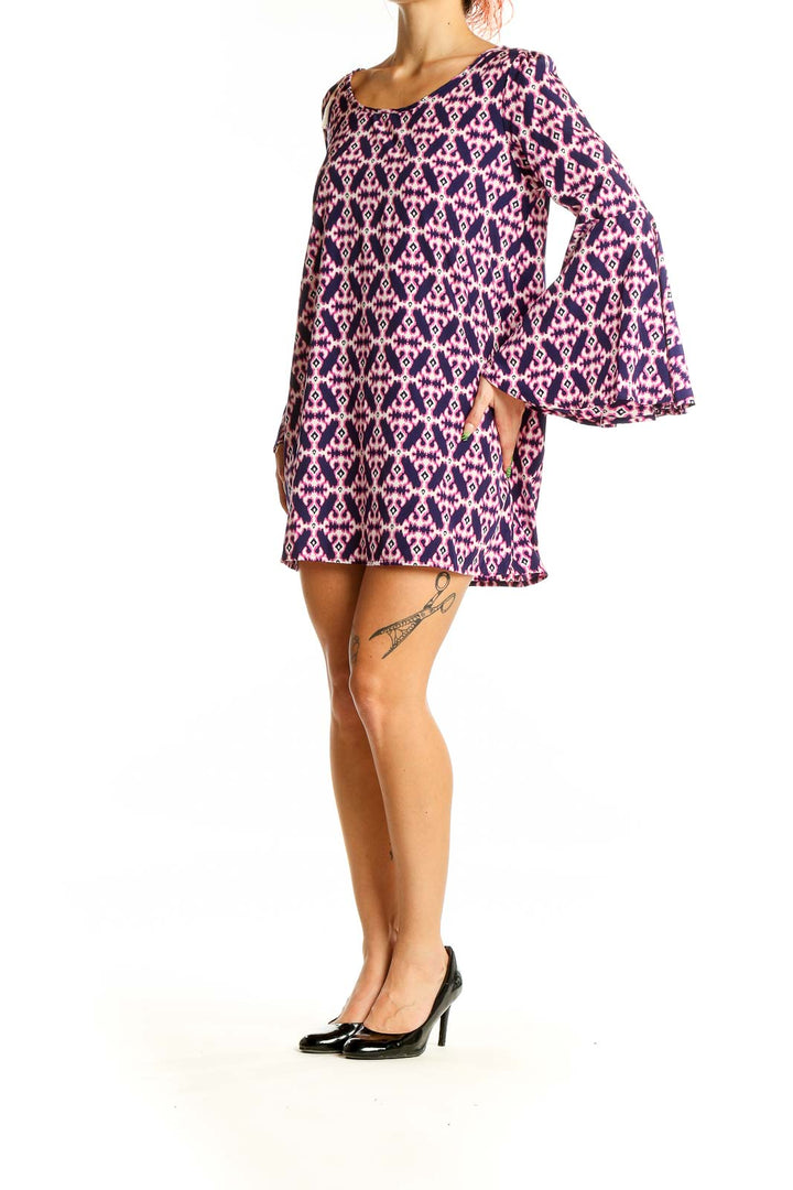 Front view of Purple Geometric Print Bell Sleeve Mini Dress by Peach Love California