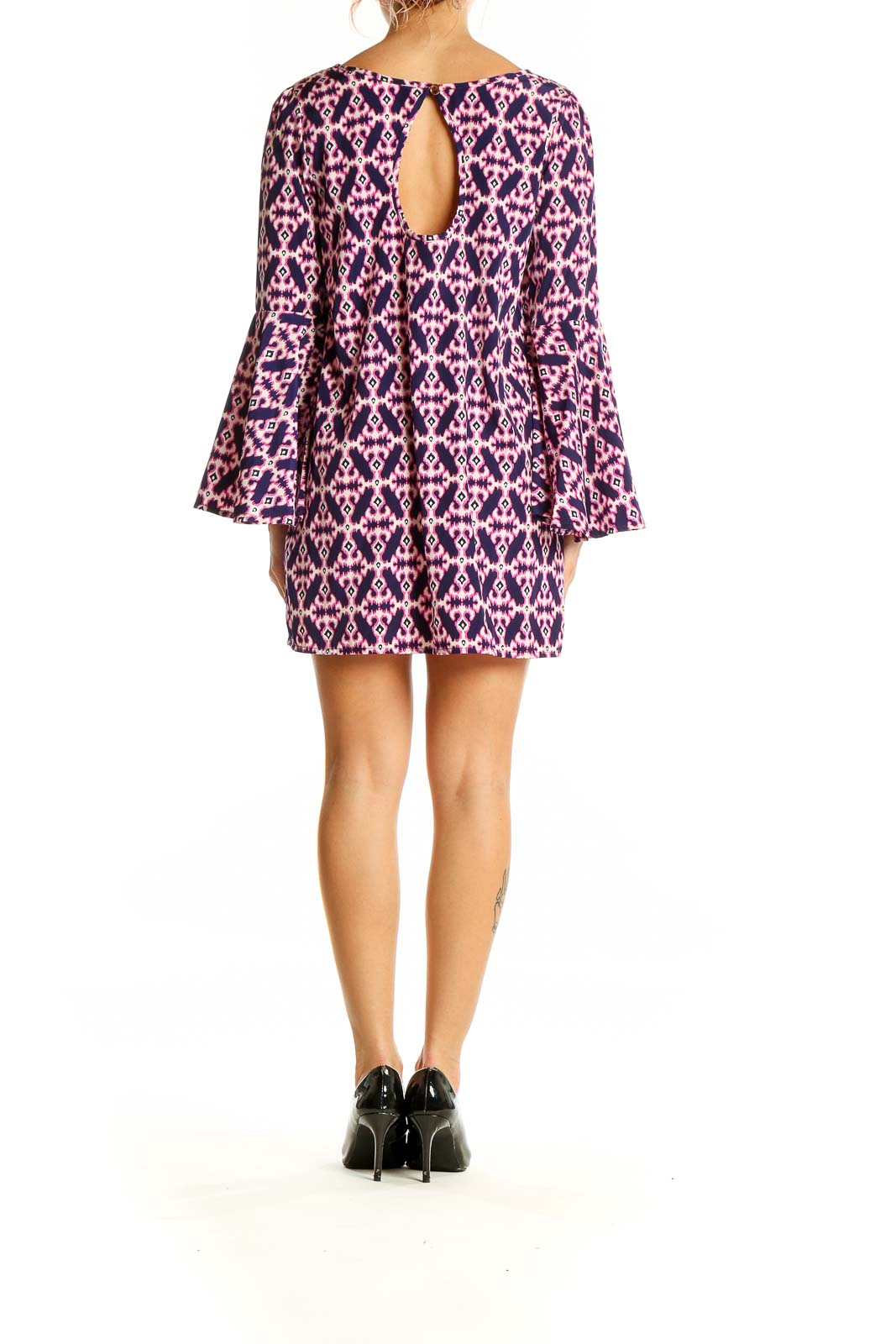 Back view of Purple Geometric Print Bell Sleeve Mini Dress showing keyhole detail