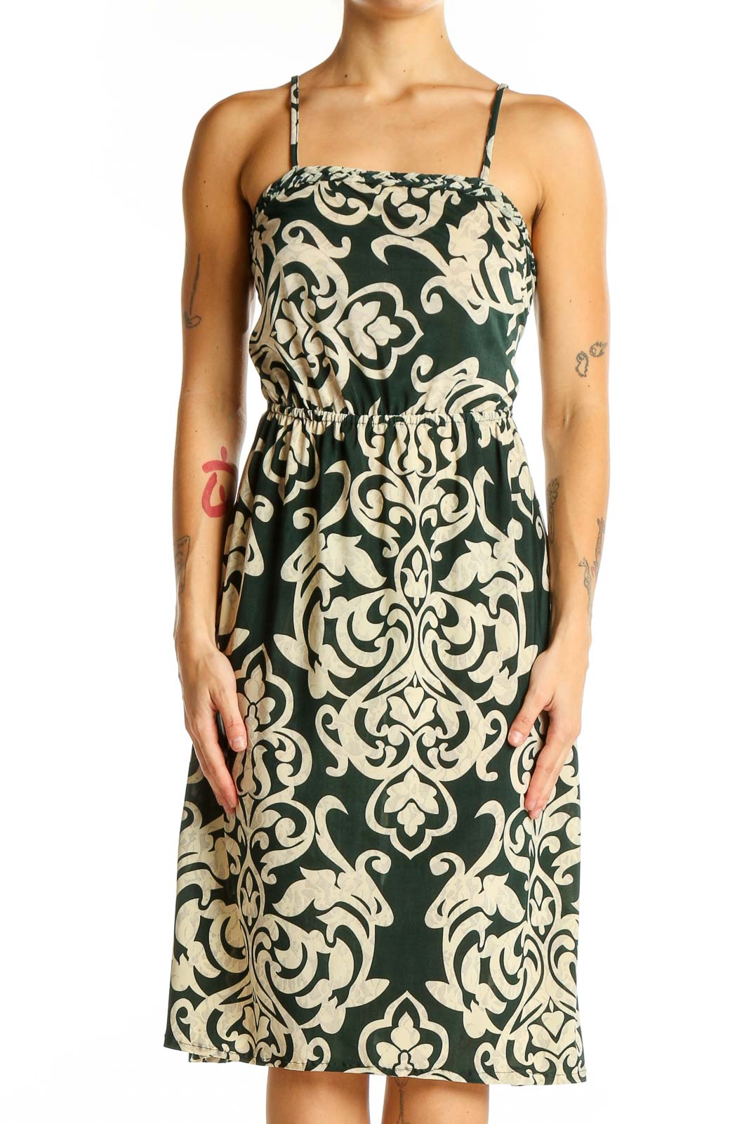 Front view of Julia green damask print silk midi dress with spaghetti straps