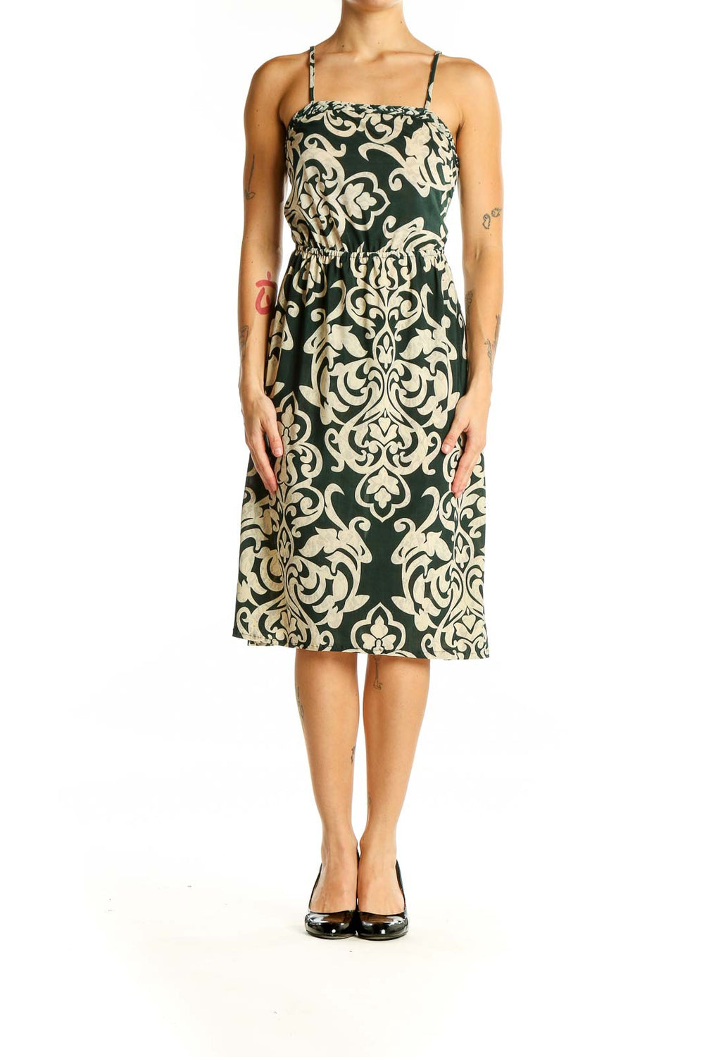 Front view of Julia green damask print silk midi dress with spaghetti straps