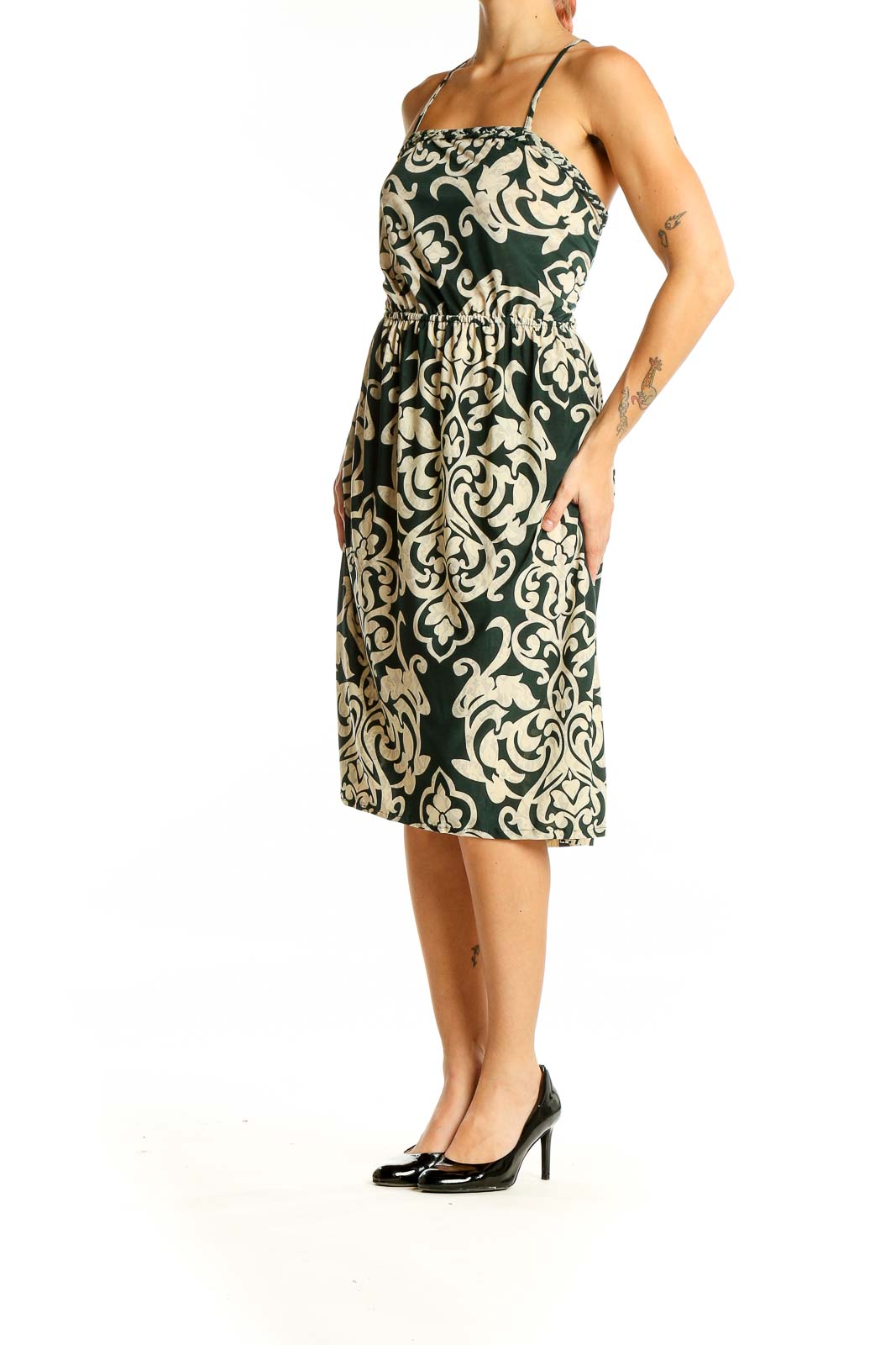 Front view of Julia green damask print silk midi dress with spaghetti straps