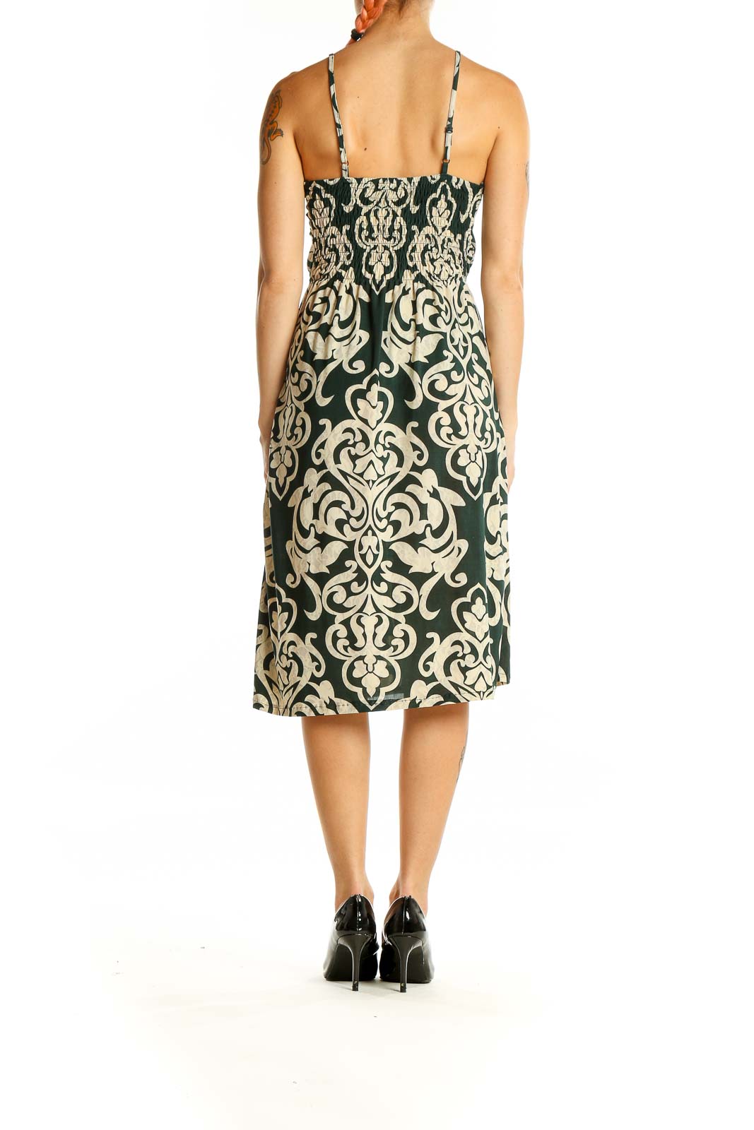 Back view of Julia green damask print silk midi dress showing fitted bodice and flared skirt