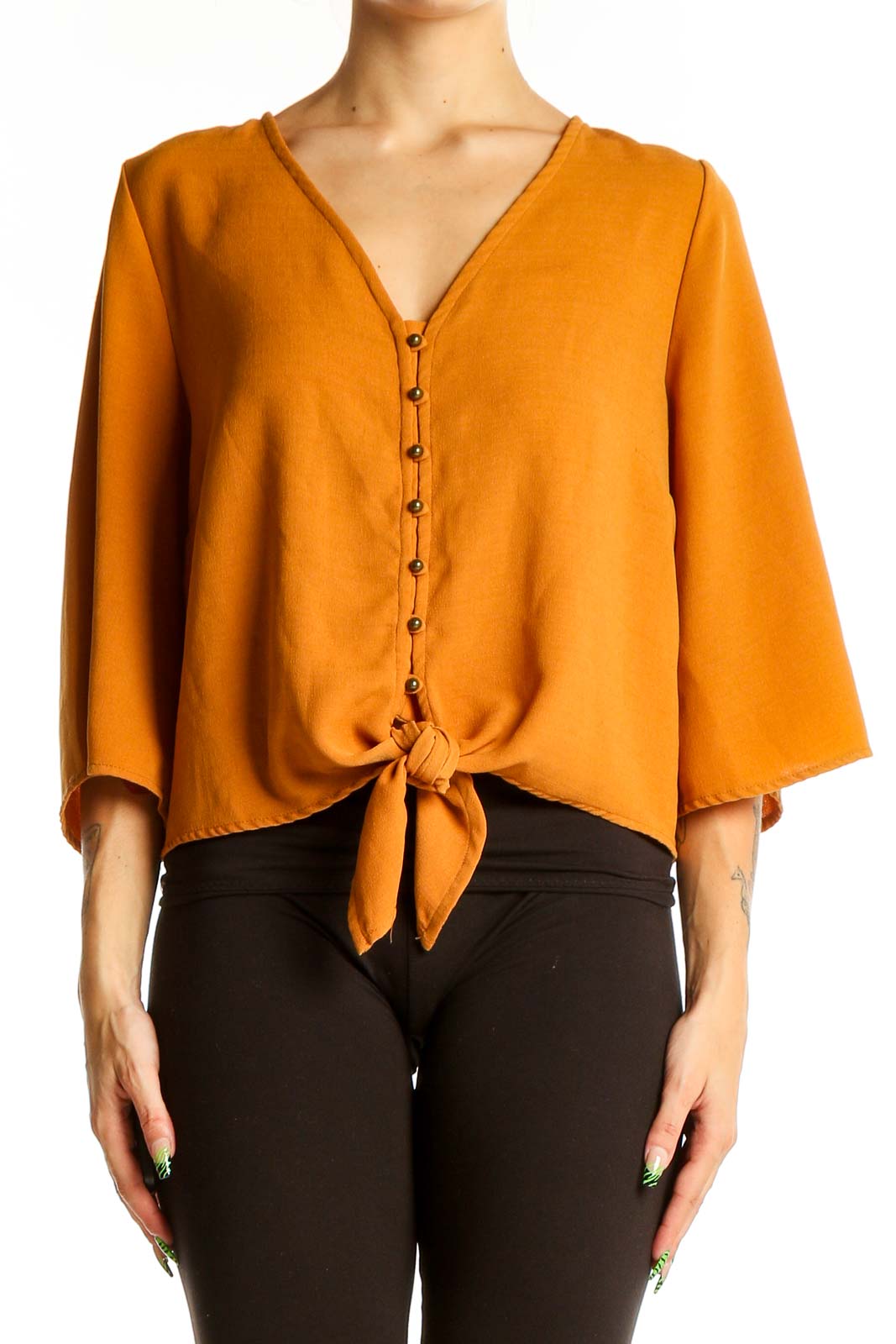 Front view of Urban Romantics mustard button-front blouse with tie-waist