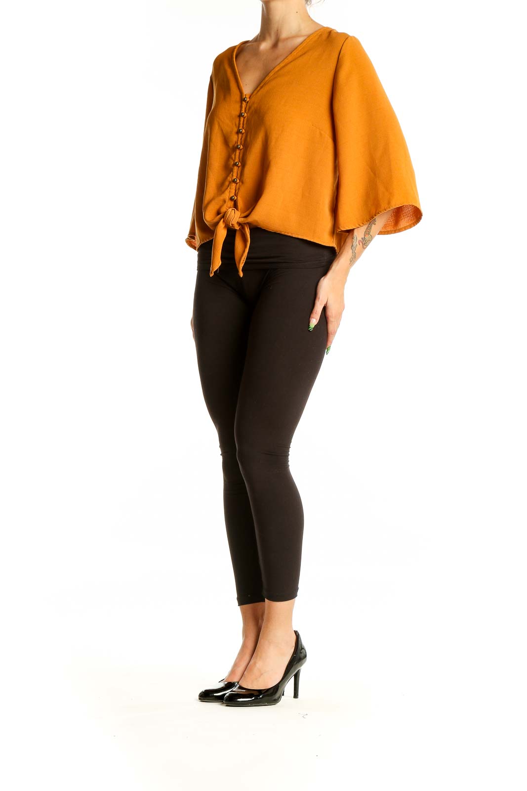 Front view of Urban Romantics mustard button-front blouse with tie-waist