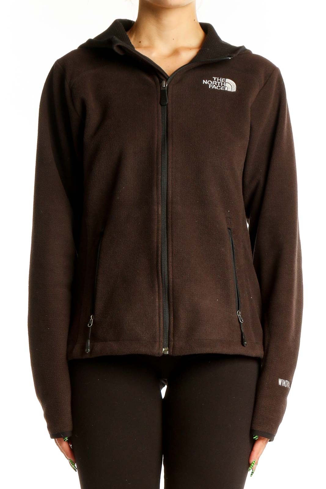 Front view of brown The North Face polyester fleece zip-up hoodie