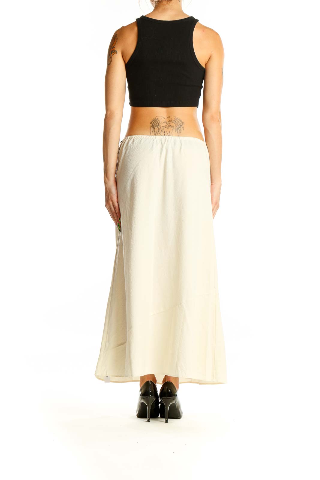 Back view of Free People cream cotton maxi skirt showing full length and fit