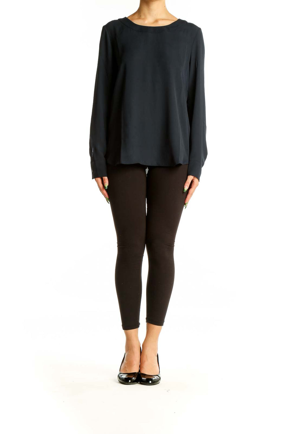 Front view of black long sleeve polyester blouse from Banana Republic