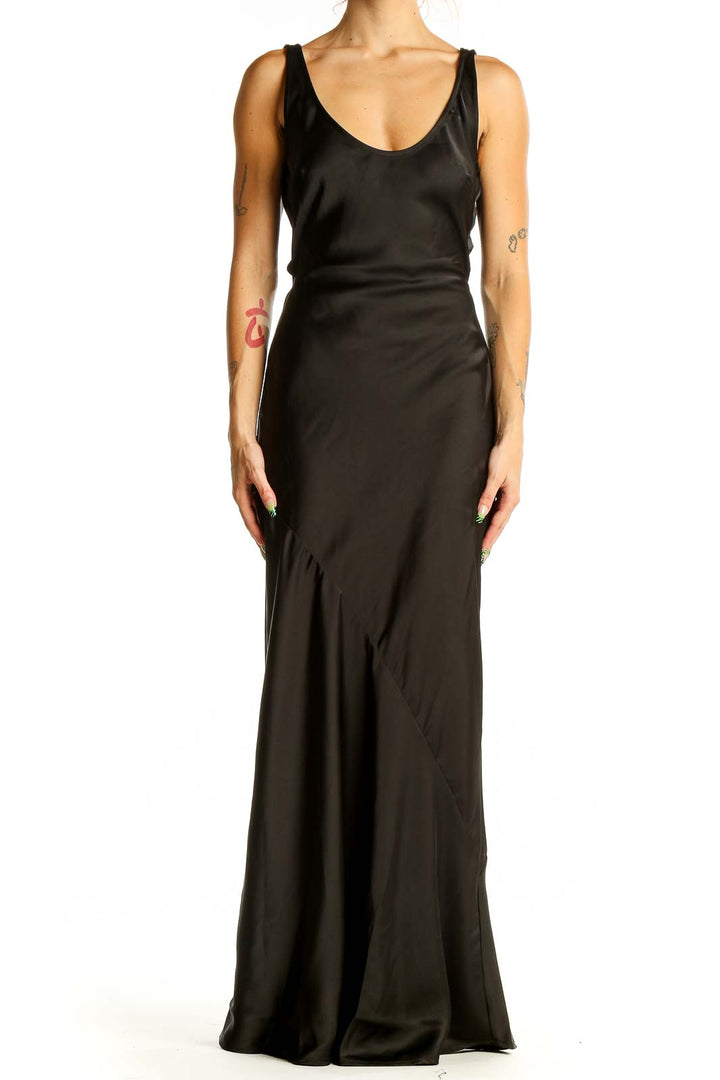 Front view of black backless maxi dress with scoop neckline