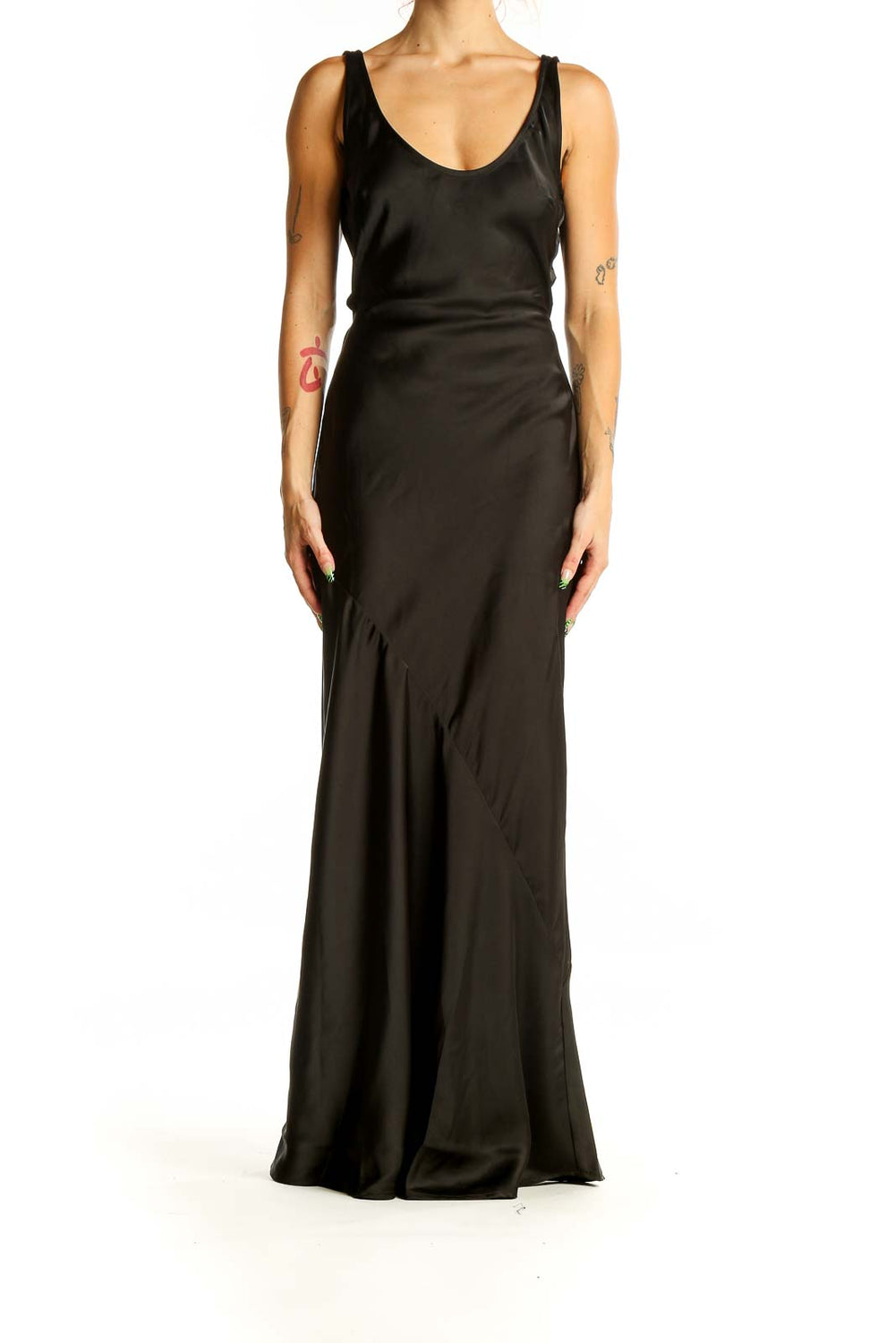 Front view of black backless maxi dress with scoop neckline