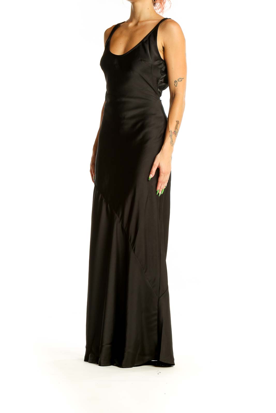 Front view of black backless maxi dress with scoop neckline