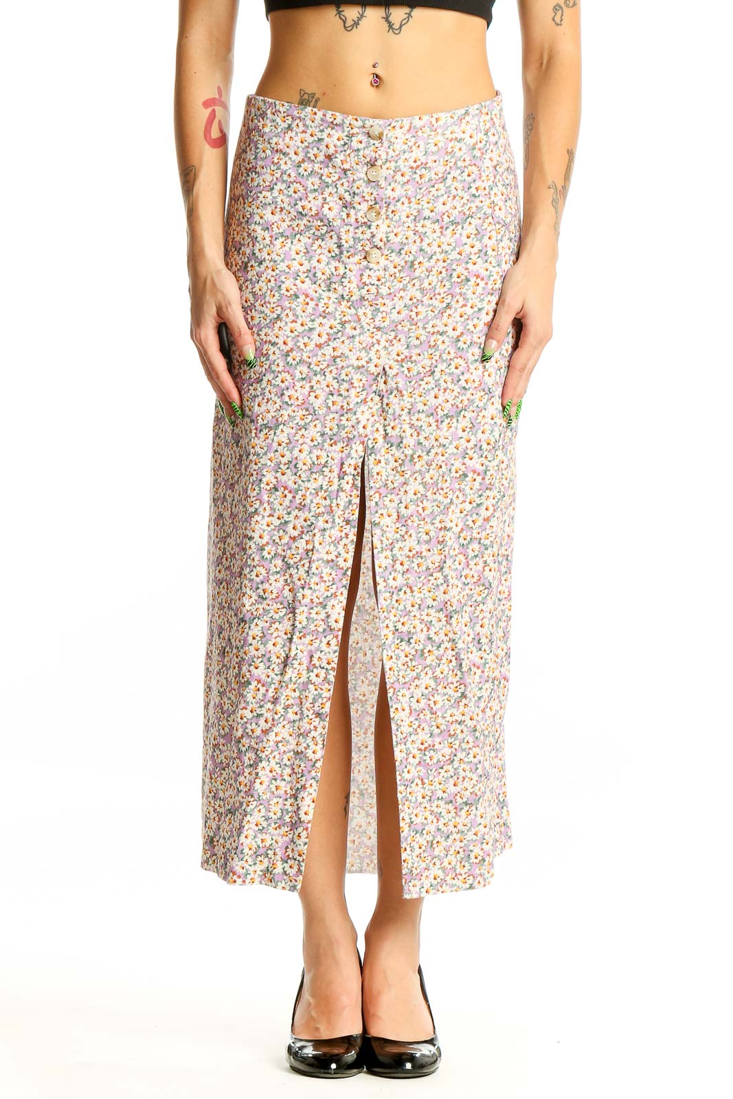 Front view of Zara floral linen blend maxi skirt with front slit