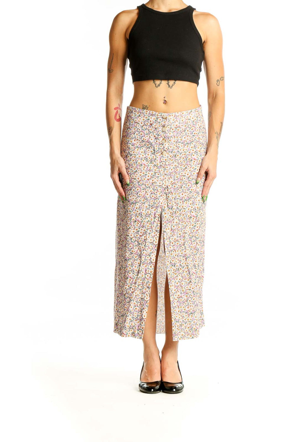 Front view of Zara floral linen blend maxi skirt with front slit